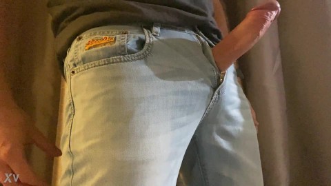 Large hard cock, wanking through jeans