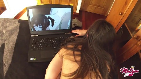 Watching Hentai I can't say NO when he wants cum inside me tiny pussy creampie